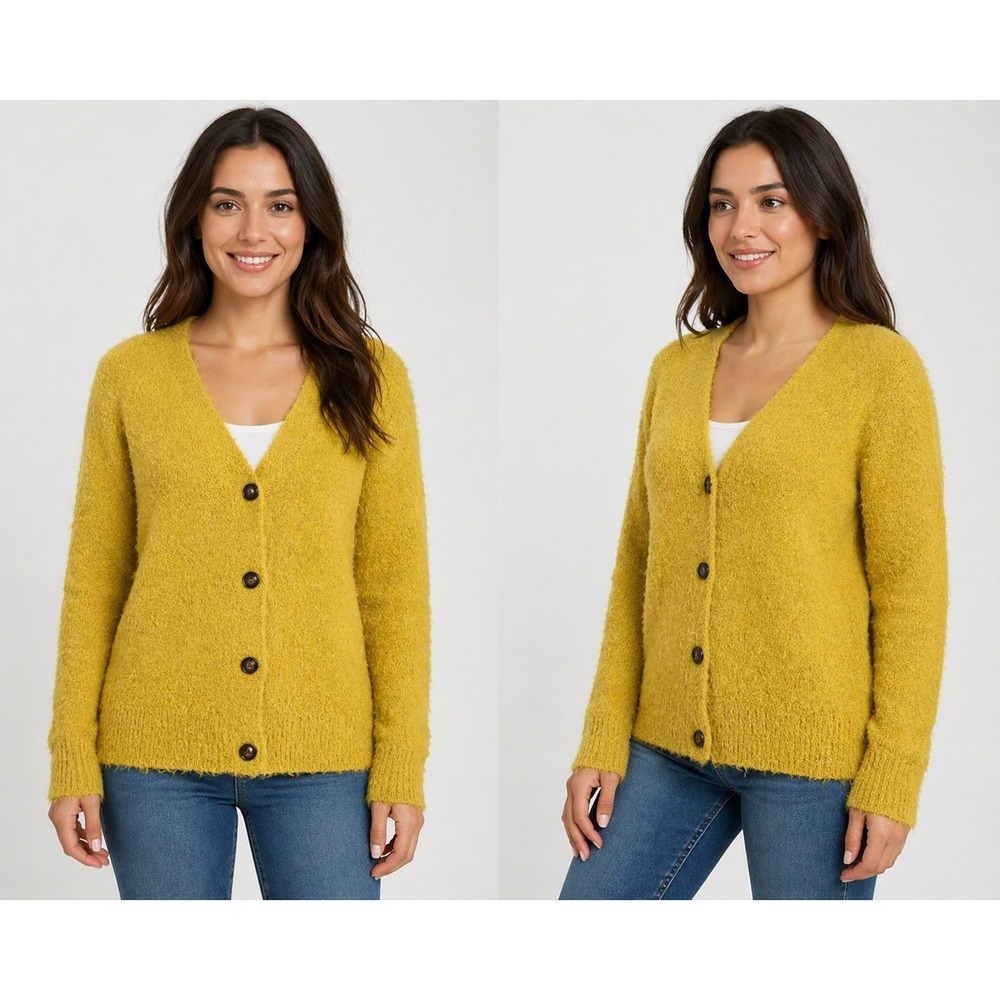Love Ryan Women Cardigan Sweater Medium Mustard Fuzzy Boucle Cozy Soft‎ Knit NWT